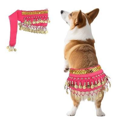 Dog Belly Dancer Skirt, Bling Belly Dance Hip Scarf for Corgis Dog Waist Wrap with Sequins Adjustable Puppy Pet Dancing Dress Costumes for Halloween Parties Celebration Performance (Pink)
