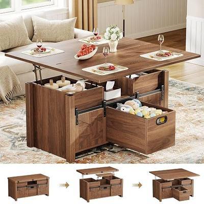 Memobarco 40" Farmhouse Lift Top Coffee Table with Storage Drawers,Walnut | 4 in 1 Multi-Function Coffee Tables with Sliding Barn Door & Hidden Compartment,Converts to Dining Table for Living Room