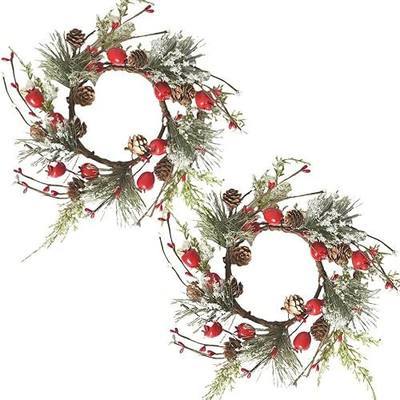 2 Pcs Christmas Candle Rings Wreaths Berries & Pinecone Candle Rings Artificial Norfolk Pine Candle Holder 12" for Winter Home Kitchen Table Centerpiece (Red)