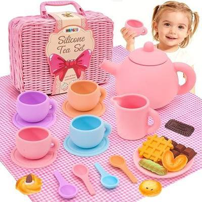HAPGFS Silicone Tea Party Set for Kids - Complete Pretend Play Toy with Teapot, Cups, Picnic Basket, Food-Grade Safe Material for Toddlers Ages 3-5, Ideal for Indoor and Outdoor Imaginative Fun