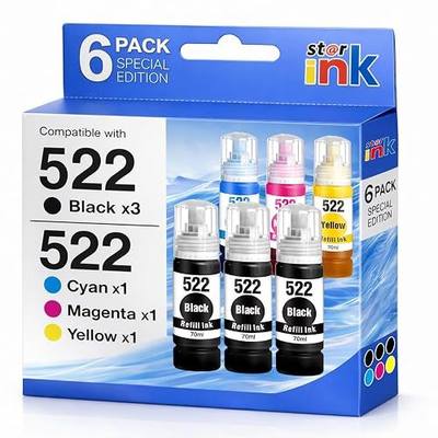 Compatible Ink Refill Bottles Replacement for EPSON 522 Ink Refill Bottles | Work with Epson EcoTank ET-2800 ET-2400 ET-4800 ET-2803 ET-2720 ET-4700 ET-4810 ET-2840 Printer High Capacity (6 Bottles)