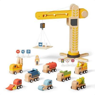 Interactive Wooden Construction Toy Crane, Rotating Base, Lifting Hook, with Vehicles, Excavator, Cement Mixer and Road Signs, 18-Piece Set for Toddlers 3-6, 8, Non-Toxic Wood, Parent-Designed