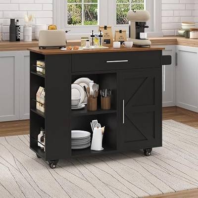 4 EVER WINNER 39" Rolling Kitchen Island with Storage and Drawer, Farmhouse Kitchen Island on Wheels with 3-Tier Spice Rack, Adjustable Shelf & Towel Rack, Mobile Kitchen Cart for Small Space, Black