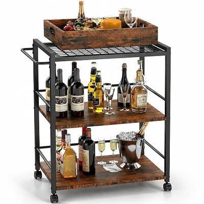 3 Tier Kitchen Cart, Rolling Bar Cart, Rustic Brown&Black | SKANDIQUIP 3 Tier Rolling Bar Cart, Mobile Kitchen Serving Cart for Tea, Coffee & Liquor with Removable Tray