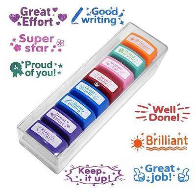 WAFJAMF 8 Pcs Teacher Stamps Self Inking Motivational Grading Set Box | Elementary classroom supplies, homework reward, parent signature, encouraging feedback, homeschool gift, evaluation