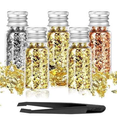 PEOVLVN 5 Bottles Edible Gold Flakes, Gold Leaf Cake Decoration Gold Leaf Sheets for Cooking Dessert Baking Gold Foil Chocolates Decor Gold Flakes for Nails Art Crafts Makeup (3 Colors)