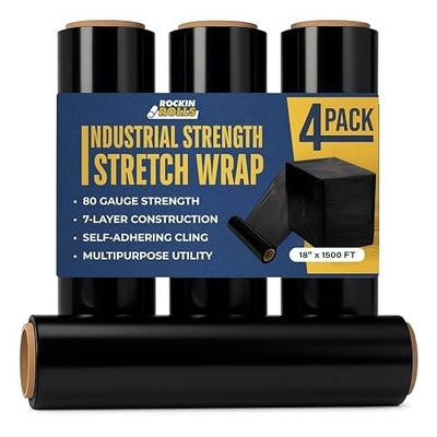 Stretch Film Wrap - Black, 18"x1500 ft, 80 Gauge – 4 Rolls Heavy Duty Pallet Wrap Stretch Wrap Roll for Packing, Moving & Shipping – Industrial Strength Durable Self Adhering Shrink Wrap Roll