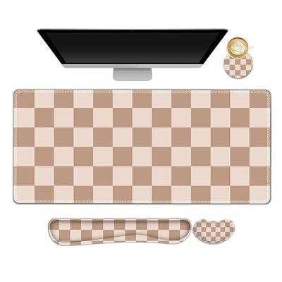 Beige Khaki Checkered Mouse Pad Set, 4 in1 Large Gaming Ergonomics Keyboard Desk Mat with Memory Foam Wrist Rest, Extended Game Mousepad, Non-Slip Desk Pad Matt Easy Typing Pain Relief