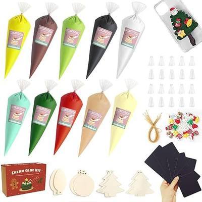 EIGTWEN Christmas Cream Glue for Crafts Kit, Suitable for Phone Case Decorating Kit, DIY Crafts, Including10pcs Whipped Cream Glue, 24 Christmas Decorations, 6 Refrigerator Magnets and Piping Nozzles