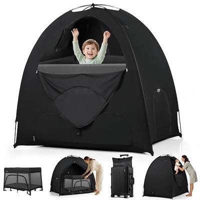 Blackout Tent for Pack and Play, 95% Light Blocking Portable Sleep Pod, Easy Setup No Tools, Pack n Play Cover Fits Standard Playards, Travel Canopy with Monitor Pouch, Black 53"x37"x55"