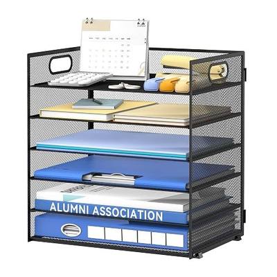 Daltack 6-Tier Paper Organizer for Desk with Handle, Black | Sturdy Metal Mesh Organizer with Movable Middle Trays and a Carry Handle for Papers, Folders and Office Supplies