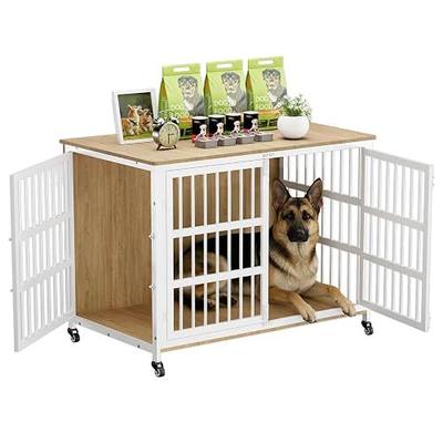 46" Dog Crate Furniture with Wheels, XXL Heavy Duty Dog Kennel Indoor for XL Dogs, Metal Chew-Proof Dog Cage, 45.7" L x 27.6" W x 31.5" H, Decorate House as TV Stand, End Table — Natural and White