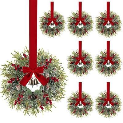 8PCS Christmas Kitchen Cabinet Wreaths with Ribbon 13'' Small Christmas Wreath Decorations with Bells Farmhouse Decoration Artificial Hanging Garlands for Front Door Window Wall