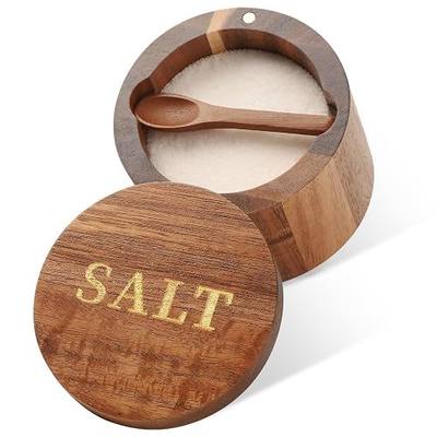 Timtopno Salt Cellar, Acacia Wood Salt Container with Built-in Spoon & Swivel Lid, Engraved SALT Box, Salt Holder Bowl for Countertop Seasoning Storage