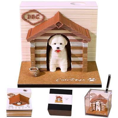 2027 Time Piece Calendar, 3D Sticky Notes 2027, Desk Calendar With LED Light, Tree Memo Pad Creative Artsy Pads 3D Art Calendar, Paper Carving Gift for Colleague Friend, Desktop Decoration(Puppy)