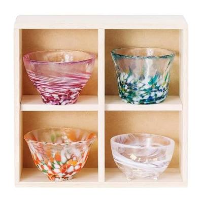 TAKEMI Japanese Handcrafted Glass Sake Cups Set, Mini Teacups, Traditional Style, Made in Japan (Four Seasons (4 pcs), Sake Glass (1.7-2.9 fl oz))