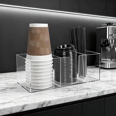 Acrylic Cup Holder for Countertop, 3 Slots Acrylic Coffee Bar Accessories and Organizer Anti Slip Waterproof, Clear Coffee Station Organizer for Cup Lid Straw