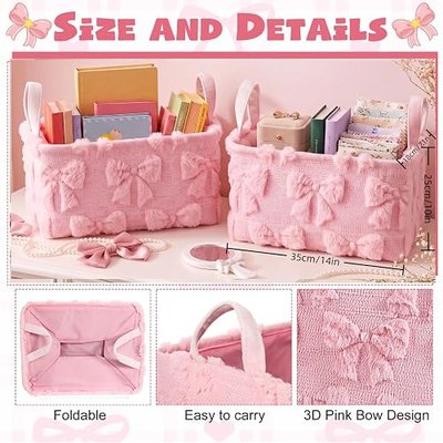 2 Pcs Pink Bow Storage Baskets 14x10'' Back to School Gift Baskets Foldable Fluffy Laundry Storage Bin with Handle Coquette Closet Organizer for Preppy Dormitory Countertop Tabletop Shelf