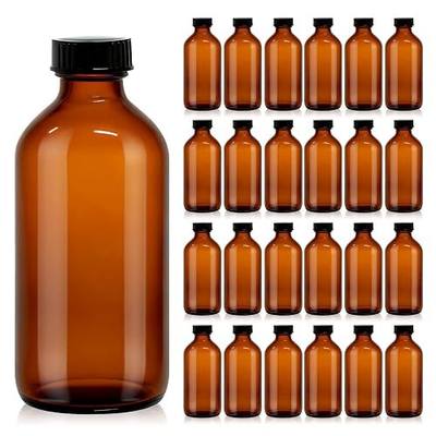 24 Pack 8 oz Amber Glass Boston Round Bottles with Polycone Caps | Airtight Seal, Leak-Proof Design, for Vanilla Extract,Kombucha Brewing, Essential Oils, Homemade Solutions, Lab Storage
