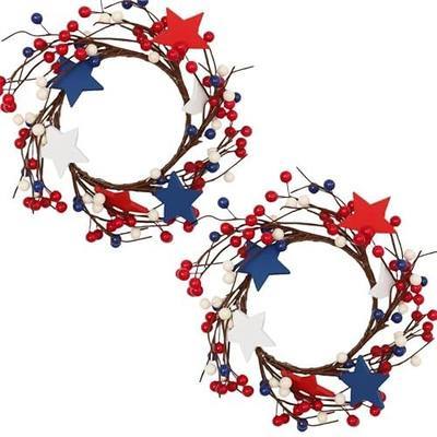 2 Pcs Patriotic Candle Rings Wreaths Summer White & Red& Blue Mixed Berries & Pip Berry Candle Rings Artificial Candle Holder 10" for 4 of July Home Kitchen Table Centerpiece (Blue)