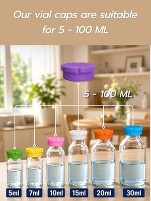5ml 10ml 30ml Vial Caps for Bac Water, Peptide Storage Covers (8Pcs / 8Colors) | Reusable Silicone Protective cap for 5-100ml / 20mm Sterile Glass Vials Fit Peptide Case for Fridge, Insulin Cooler Travel