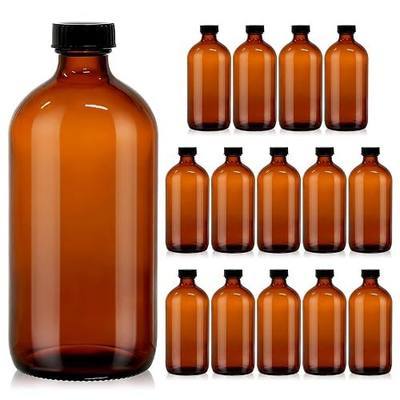 15 Pack 16 oz Amber Glass Boston Round Bottles with Polycone Caps | Airtight Seal, Leak-Proof Design, for Vanilla Extract,Kombucha Brewing, Essential Oils, Homemade Solutions, Lab Storage