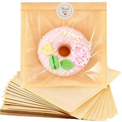 ARREBOL 100 Pack 7.1x7.5 Inch Cookie Bags with Window & Stickers for Packaging, Sealable Grease Resistant Small Brown Paper Bakery Bags for Bread