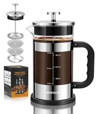 AMFOCUS French Press Coffee Maker 21 oz, 4-Level Filtration System, Premium Heat-Resistant Borosilicate Glass Teapot, Portable Coffee & Cold Brew Maker for Home, Travel, Camping - Ideal Gift