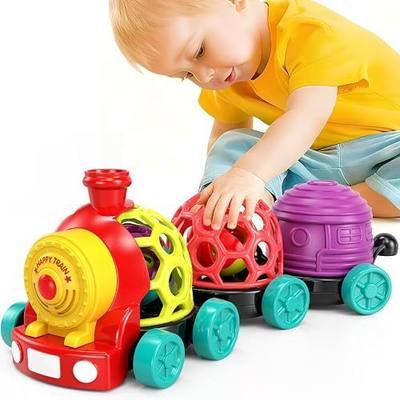 WEEJOYGAM Train Baby Toys 6-12 Months, Car Toys for 1 Year Old Boy Toddler Train Set, Infant Soft Cars for Toddlers 1-3 Kids Birthday Gift 6 7 8 9 10 Month, Cause Effect Musical Push Truck Ball Rattle