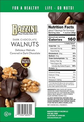 Bazzini Dark Chocolate Walnuts, Gourmet Walnuts Coated in Rich Dark Chocolate, Kosher, Since 1886 Gourmet Nut Snack, Made in USA (7oz Pouch)