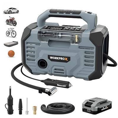 WORKPROX Tire Inflator Portable Air Compressor 150PSI – 12V DC & 20V Battery Car Air Pump, 2 Modes, Auto Shut-Off, Digital Gauge & LED Light, for Car, Bike, Ball & Air Mattress