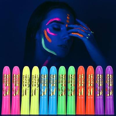 12 PCS Glow Face & Body Paint, Glow in the Blacklight Makeup Neon Face Paint for Halloween