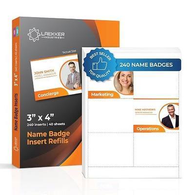 Customizable Name Badge Inserts 4x3 inch (240 Cardstock Refills) White Printable Name Tag Inserts 3x4 inch Compatible with Inkjet and Laser Printers with Easy Tear Paper