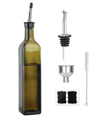 Green Olive Oil Dispenser Bottle - 17oz/500ml Glass Oil and Vinegar Bottles Set for Kitchen, Oil Dispenser with 2 Stainless Steel Pourers, Funnel and Brush