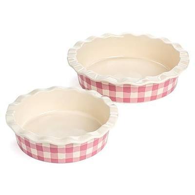 Paris Hilton Ceramic Pie Dish Set, 7-Inch and 9-Inch Stoneware Baking Dishes with Fluted Rim and Gingham Design, Oven Safe up to 450°F, 2-Piece, Pink