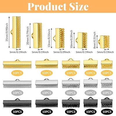 150 Pcs Ribbon Clamp End Iron Ribbon Ends with Clamps Clamp Cord Ends Pinch Crimp End Bookmark Leather Fastener Clasps for Necklace Bracelet Jewelry Making (5 Sizes, 3 Colors)