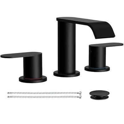 Matte Black Waterfall Bathroom Faucet for Sink 3 Hole 8 Inch Widespread Bathroom Sink Faucets with Pop-up Drain Supply Lines Stainless Steel 2-Handle Bathroom Sink Faucet for Bath Vanity Homevacious