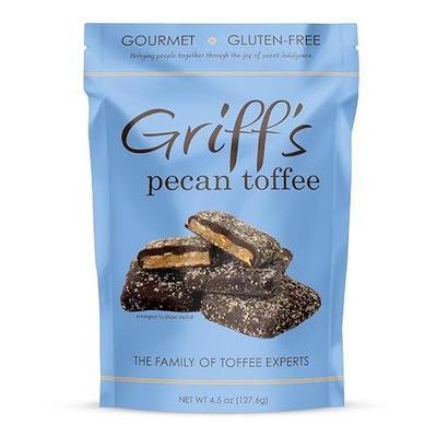 Griff's English Dark Chocolate Toffee, 4.5 Ounce, Pecan Toffee | Individual Wrapped Squares, Gluten Free, Family Owned