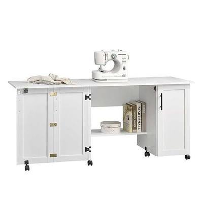 BOWERY HILL Contemporary Sewing Craft Cart, Engineered Wood, White Finish, Drop-Leaf Design, Adjustable Shelving, Smooth Caster Wheels, Space-Saving Table for Sewing or Small Workstations