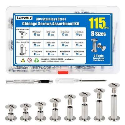115 Sets Chicago Screws Kit for Leather Crafts, 304 Stainless Steel Binding Screws Rivet, 8 Sizes (M5x4/5/6/8/10/12/15/20mm) Binding Post with Tools (Silver)