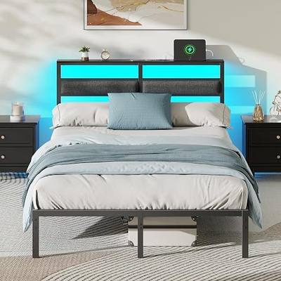 OURPIC Full Size Bed Frame with LED Lights & Charging, Black Platform Bed | Upholstered headboard shelf, under-bed storage, no box spring, easy assembly, sturdy steel frame, noise-free, RGB 60k colors