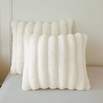 MEGO 2 Pack Throw Pillow Covers 18x18, Faux Rabbit Fur Ribbed, Beige | Soft Fluffy Striped Square Cushion Covers with Zipper, Ivory Furry Washable Pillow Shams, Home Decor for Bed Sofa Office
