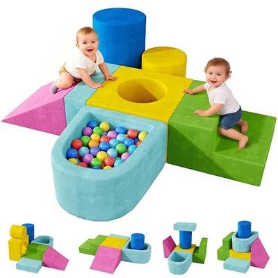 Teckid Toddler Climbing Toys, 7-Piece Colorful Foam Blocks, Indoor Soft Play Gym for Crawling, Climbing and Sliding, Modular Play Set Ages 1-3, No Ball Included