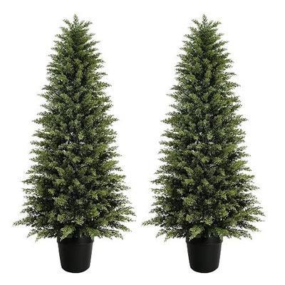 2 Pack 5ft Artificial Cedar Trees for Outdoors (UV Resistant), Potted Faux Cedar Topiary Plants for Front Porch, Realistic Evergreen Shrub for Entryway & Patio Decor