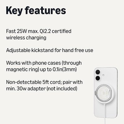 Amazon Basics 25W max. Qi2.2 Certified Wireless Charging Pad with kickstand,MagSafe Compatible for iPhone 17/Air/16/15/14/13/12, Magnetic Compatible for Android Smartphones,White(Adapter Not Included)