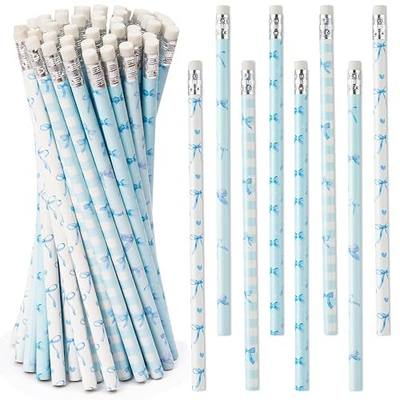 Xqumoi Coquette Blue Bow Pencils with Eraser - Preppy Bow #2 HB Pencils, Classroom Student Rewards, School Office Supply, Party Goodie Bag Fillers Stuffers, Baby Shower Party Favors