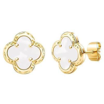 Elegant Black Onyx Clover Stud Earrings, 14K Gold Plated Four Leaf Hypoallergeinc Stud Stainless Steel Flower Earring Lucky Simple Jewelry Gift for Women Shiny Multiple Onyx Colors