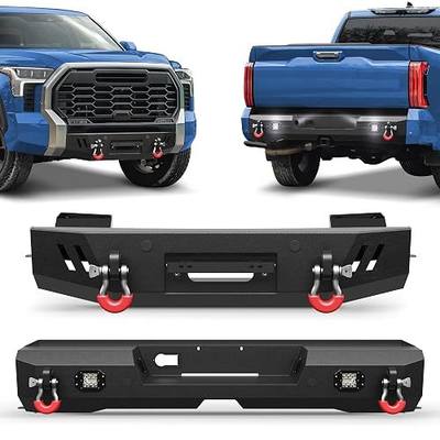 22-26 Tundra Front and Rear Bumper Set, Mid-Width Offroad Bumpers | w/Winch Plate, 2x18w Fog Lights, D-rings, License Plate Bracket and Lights for 2022-2026 Tundra Pickup Trucks