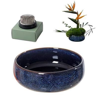 Water Lotus Bowl Planter Kit - Japanese Compote Bowl Ikebana Vase Set w/ 1.8" Floral Frog- Ideal for Ikebana, Flower Arrangement & Hydroponic Planting (Blue)