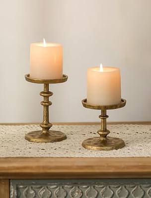 NUPTIO Gold Candle Holders for Pillar: Antique Brass Cast Iron Candle Stand | Handcrafted Hammered Decor for 3 Inch Pillars, Heavy Metal Centerpiece for Christmas Party Table Fireplace